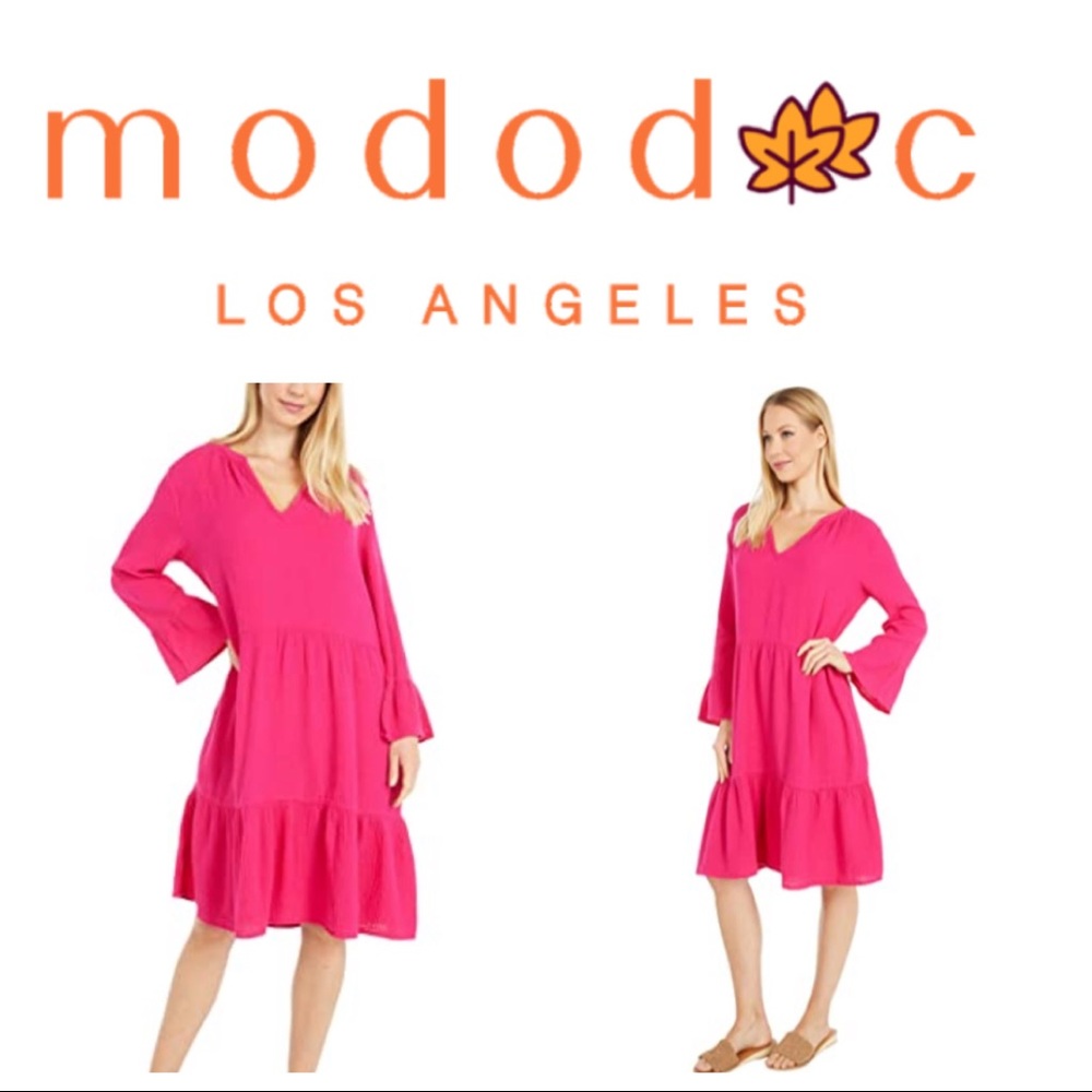 Mododoc Barbie Pink Double Layer Gauze Mandarin Collar Fuchsia Dress